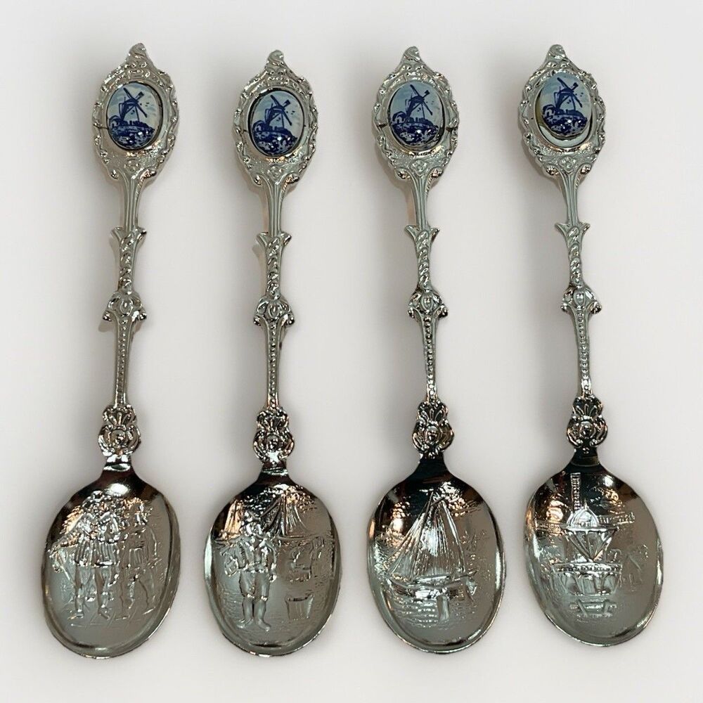 4 VTG Souvenir Spoons Delft Blue Porcelain Windmill Holland Demitasse